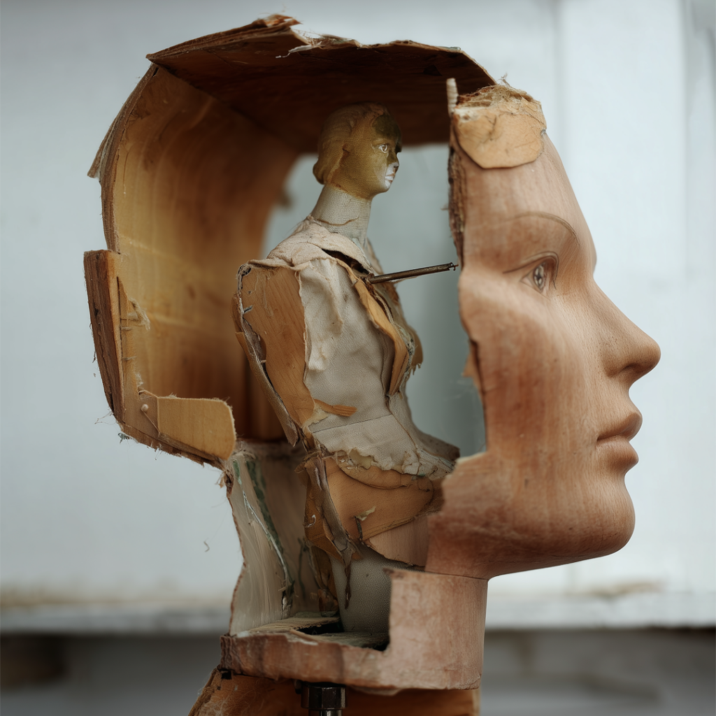 a broken mannequin head with a smaller mannequin sitting inside, looking out from behind the eyes