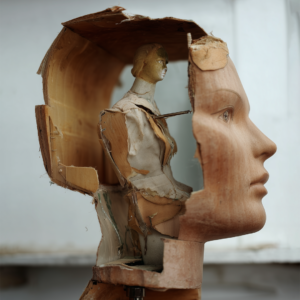 website tile 1080 x 1080 a broken mannequin head with a smaller mannequin sitting inside, looking out from behind the eyes